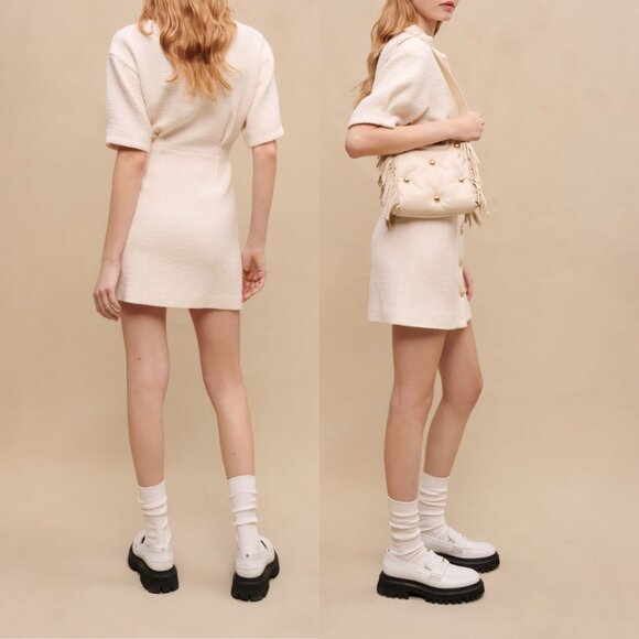 NWT Maje Raquemita Mini Dress Ecru Tweed Shirt Collar Front Button Short Sleeves - Picture 2 of 9